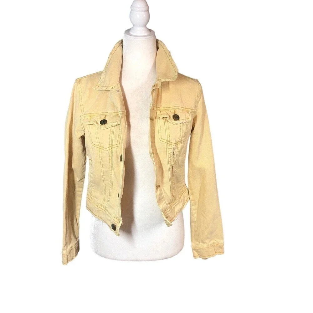 Free‎ People Jacket Womens 4 Pastel Yellow Button Collar Pockets Rumors Denim
